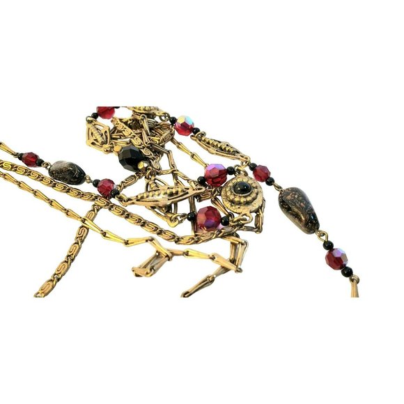 Vintage Miriam Haskell Possible Garnet Triple Layer Gold Tone Necklace, Signed - Picture 14 of 16